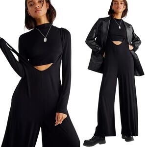 Free People Rosalie Set Jersey Knit Mockneck Crop Top Jumpsuit Overalls Black S